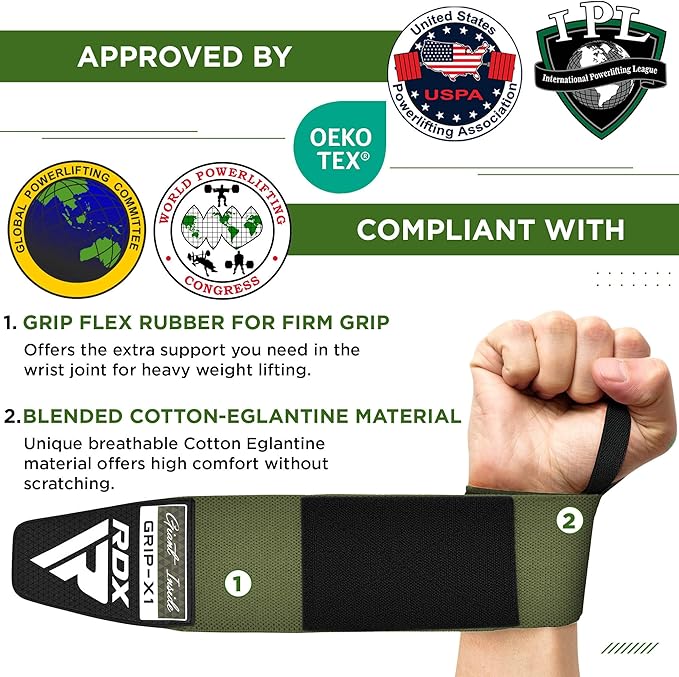 RDX W3 IPL USPA Approved Powerlifting Wrist Support Wraps with Thumb Loops OEKO-TEX® Standard 100 certified#color_army-green