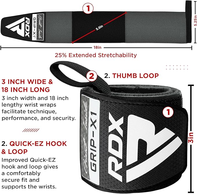 RDX W3 IPL USPA Approved Powerlifting Wrist Support Wraps with Thumb Loops OEKO-TEXÂ®Â Standard 100 certified#color_grey