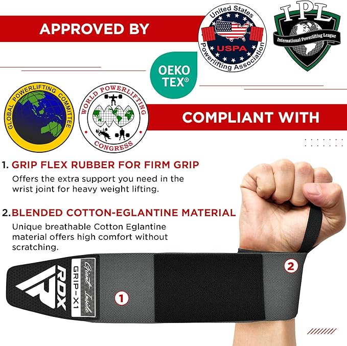 RDX W3 IPL USPA Approved Powerlifting Wrist Support Wraps with Thumb Loops OEKO-TEXÂ®Â Standard 100 certified#color_grey